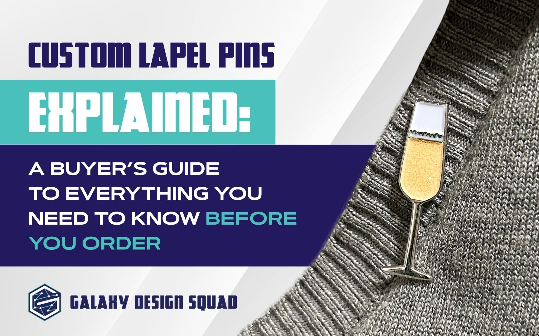 Blog banner by Galaxy Design Squad, featuring a champagne glass-shaped enamel lapel pin on a gray knit sweater.